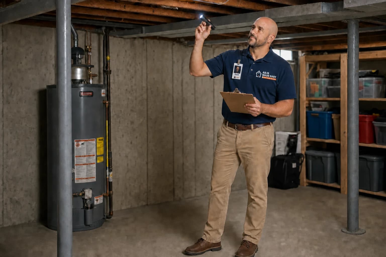 Todd from As-Is Made Easy reviewing an unfinished basement during a property walkthrough