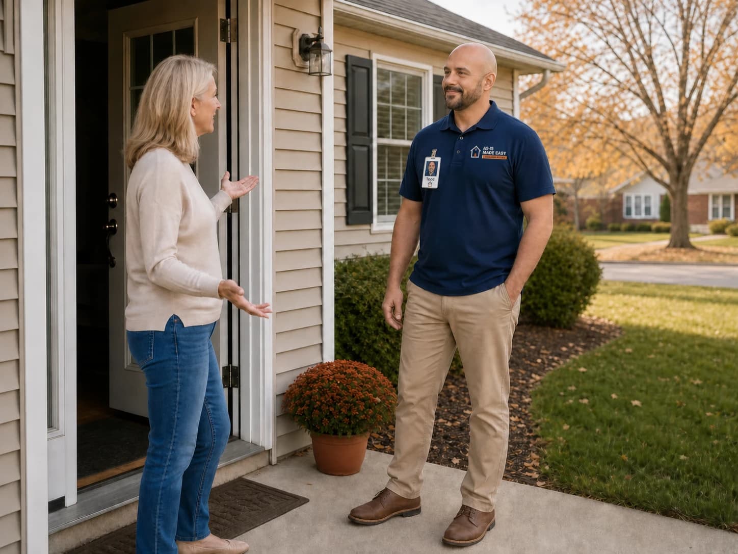 Todd from As-Is Made Easy speaking with a homeowner at her front door